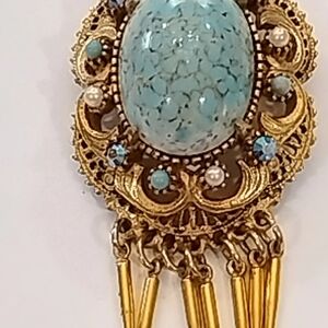 Turquoise and Gold Ornate Brooch ** FLORENZA **